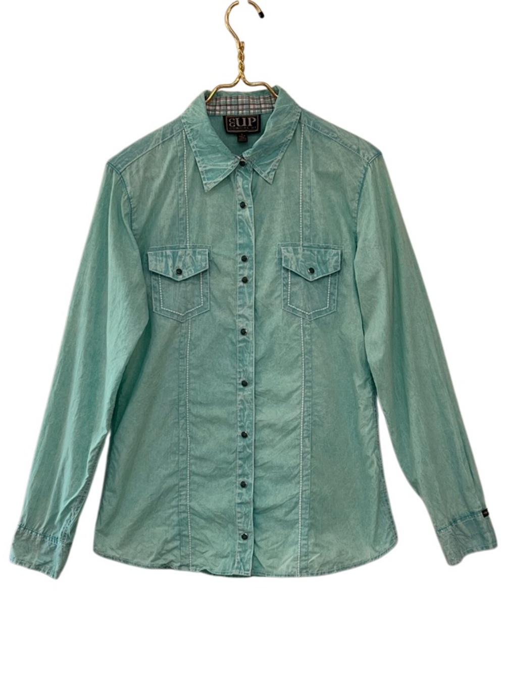 Cowgirl Up Western Snap Button Shirt Aqua Mineral Wash Medium